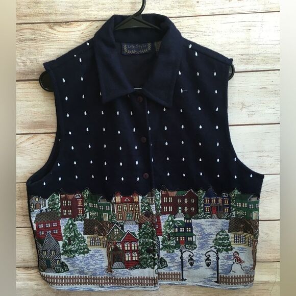 VINTAGE LIFESTYLE WOOL VEST WITH TAPESTRY WINTER SCENE IN NAVY BLUE - Picture 1 of 7